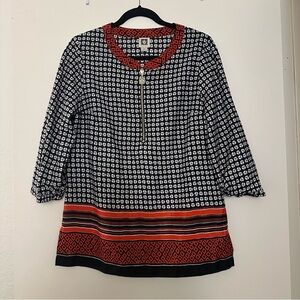Anne Klein Geometric Bohemian Print Stripes Zippered Popover Top